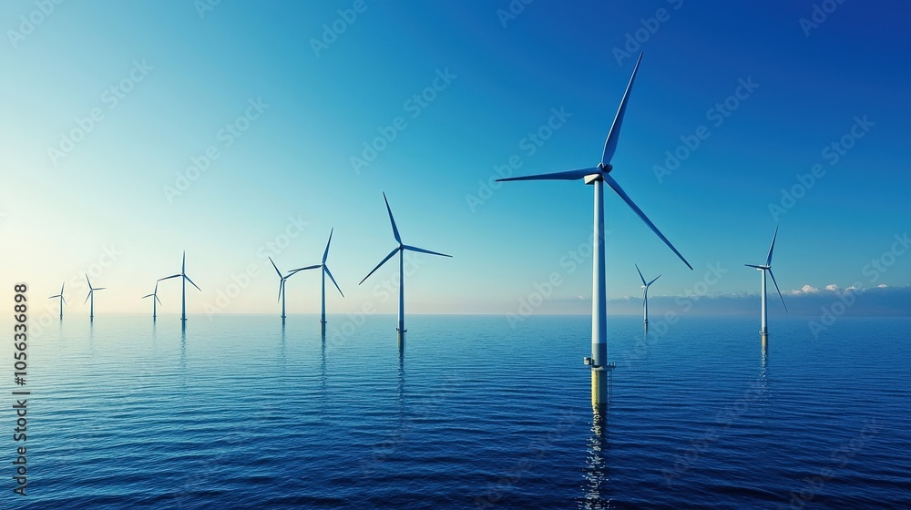Wind Turbines in Calm Ocean Waters at Sunrise Wind Turbines in Calm Ocean Waters at Sunrise