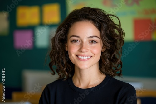 Middle Aged Woman Radiating Confidence and Joy as She Stands in School Classroom