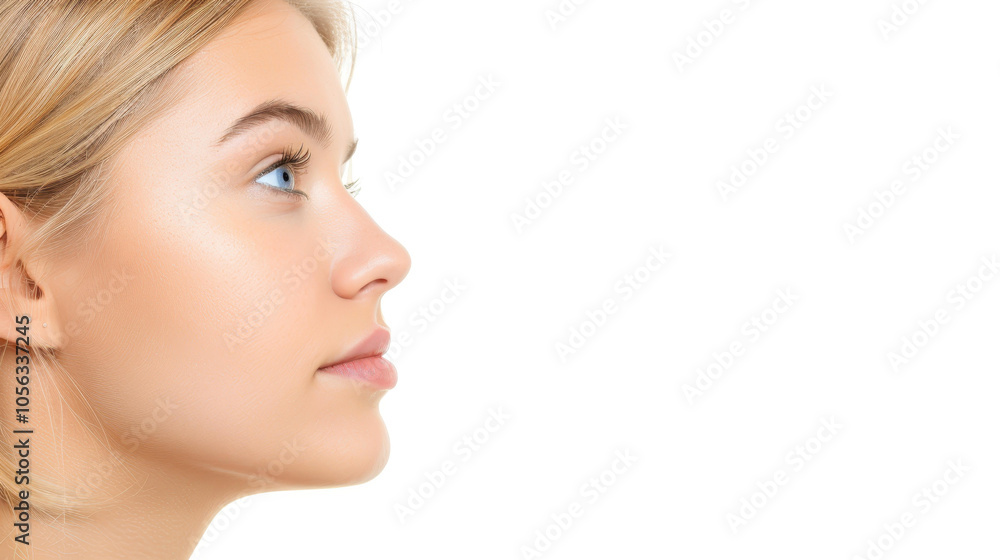 Stunning closeup of a natural, glowing young woman with blonde hair, showcasing her beauty and confidence without makeup. Stunning closeup of a natural, glowing young woman with blonde hair, showcasing her beauty and confidence without makeup.