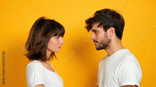 Two focused individuals share a serene moment, gazing at each other against a vibrant yellow backdrop.