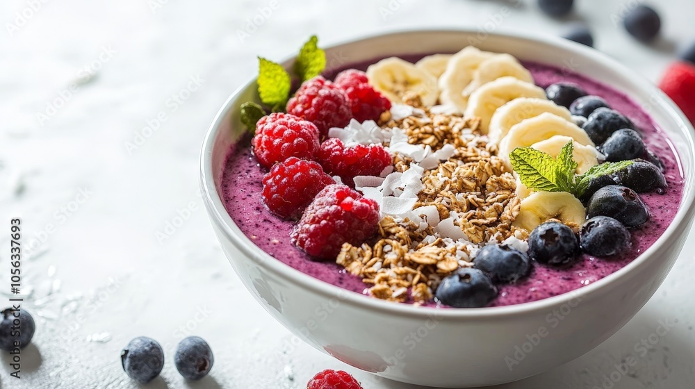 A refreshing banana and berry smoothie bowl, garnished with granola and coconut flakes, beautifully styled on a white surface A refreshing banana and berry smoothie bowl, garnished with granola and coconut flakes, beautifully styled on a white surface