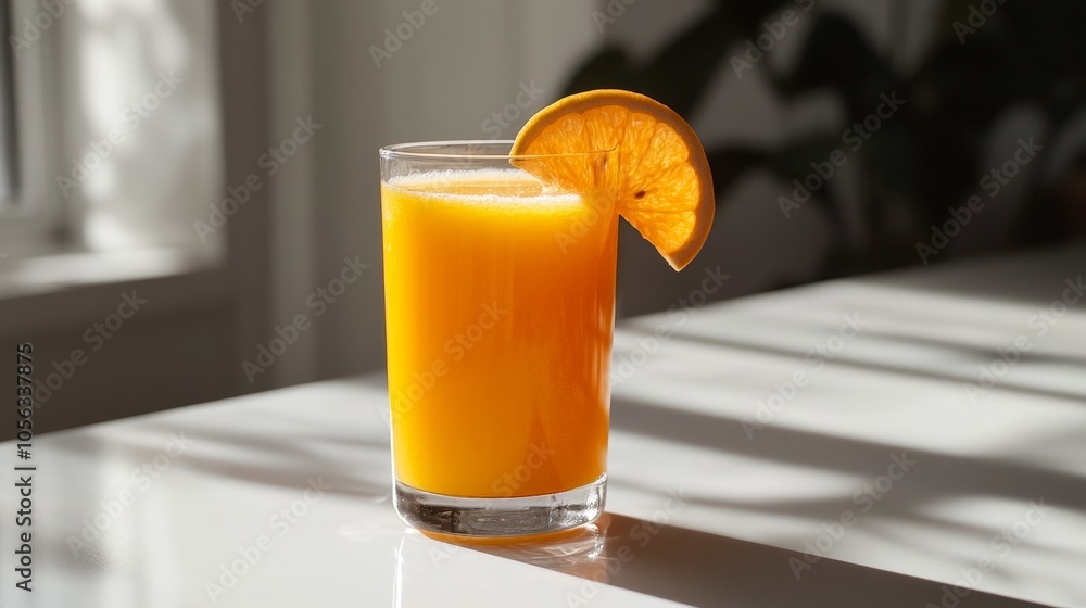 A refreshing canistel juice served in a clear glass, with a slice of fruit on the rim, presented on a bright white table A refreshing canistel juice served in a clear glass, with a slice of fruit on the rim, presented on a bright white table