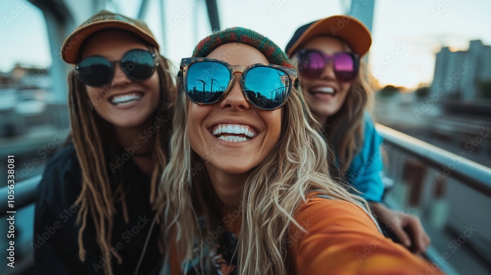 Three young women wearing sunglasses smile and laugh together while taking a selfie on a bridge. Three young women wearing sunglasses smile and laugh together while taking a selfie on a bridge.