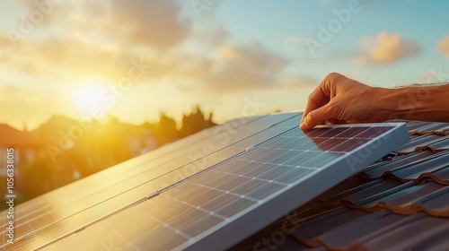 Installation of Solar Panel Under Sunset Glow photo