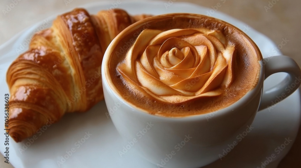 Elegant Coffee with Croissant on a White Plate Elegant Coffee with Croissant on a White Plate