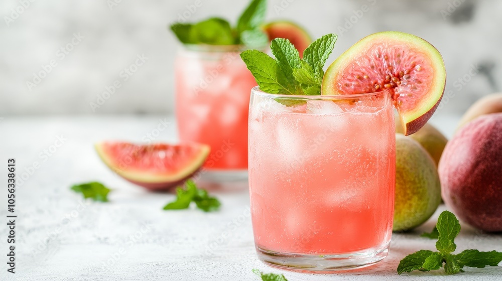 A refreshing guava and mint drink garnished with a slice of guava, beautifully styled in a glass against a clean white table A refreshing guava and mint drink garnished with a slice of guava, beautifully styled in a glass against a clean white table