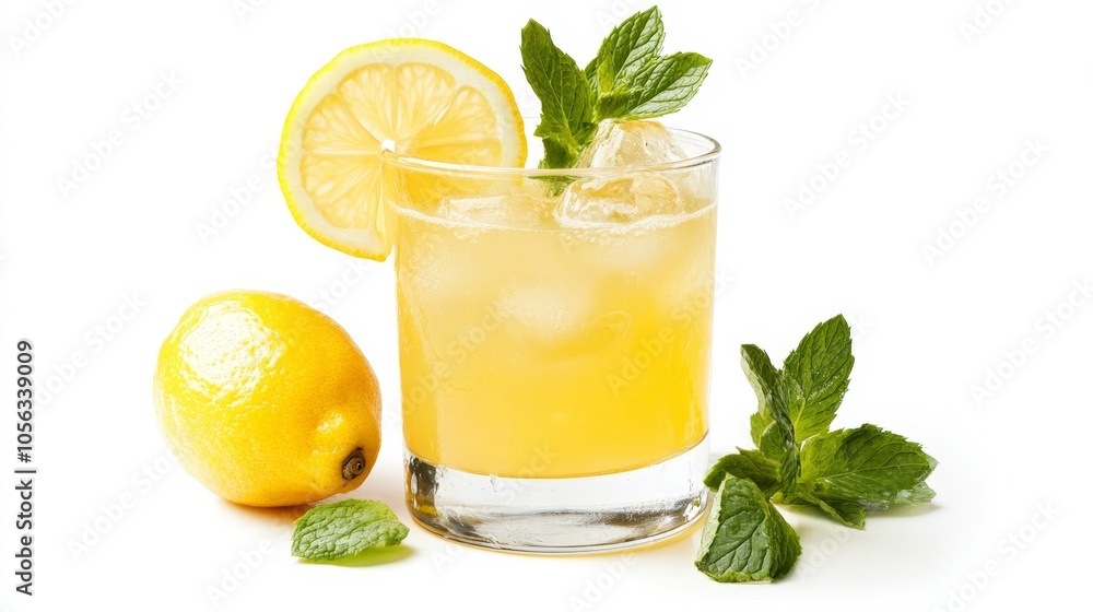 A refreshing lemon drink served in a glass with ice, garnished with a lemon slice and mint leaves, beautifully presented against a bright white backdrop for a summer vibe A refreshing lemon drink served in a glass with ice, garnished with a lemon slice and mint leaves, beautifully presented against a bright white backdrop for a summer vibe