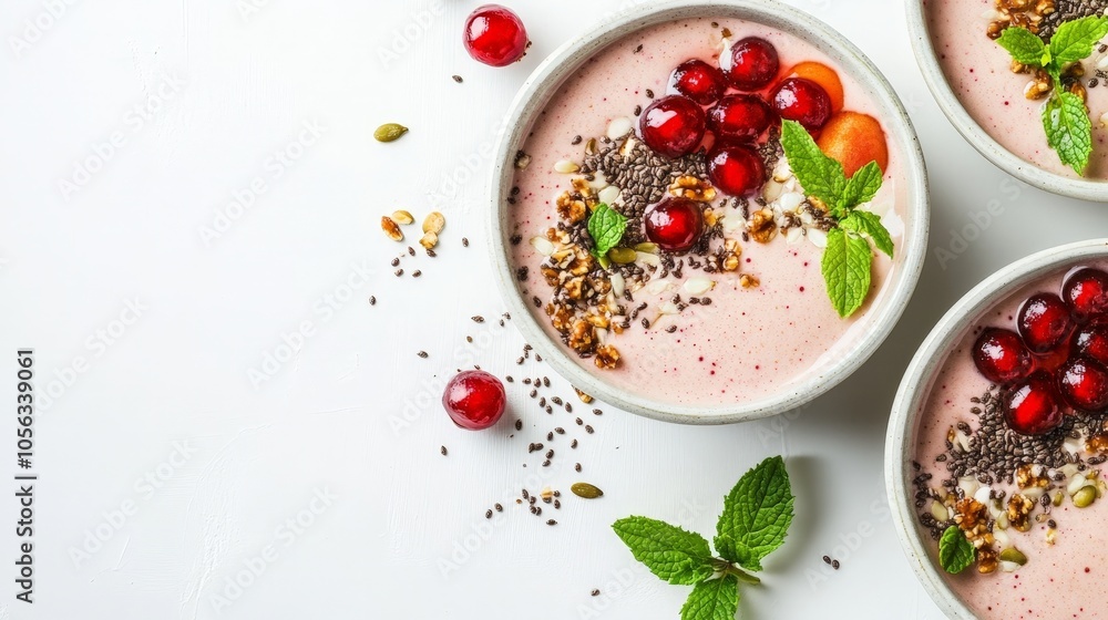 refreshing longan and mint smoothie bowl, garnished with seeds and fruits, presented against a bright white backdrop for a nutritious option refreshing longan and mint smoothie bowl, garnished with seeds and fruits, presented against a bright white backdrop for a nutritious option