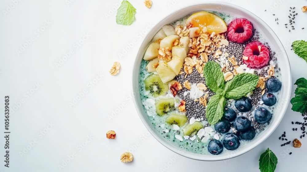 refreshing longan and mint smoothie bowl, garnished with seeds and fruits, presented against a bright white backdrop for a nutritious option refreshing longan and mint smoothie bowl, garnished with seeds and fruits, presented against a bright white backdrop for a nutritious option