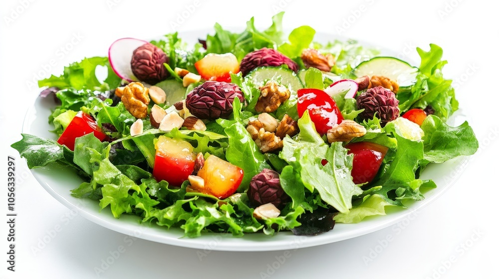 A refreshing lychee salad featuring greens, nuts, and a light dressing, beautifully styled against a bright white backdrop for a healthy option A refreshing lychee salad featuring greens, nuts, and a light dressing, beautifully styled against a bright white backdrop for a healthy option