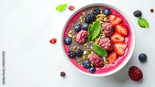 A refreshing lychee and mint smoothie bowl, garnished with seeds and fruits, presented against a bright white backdrop for a nutritious option