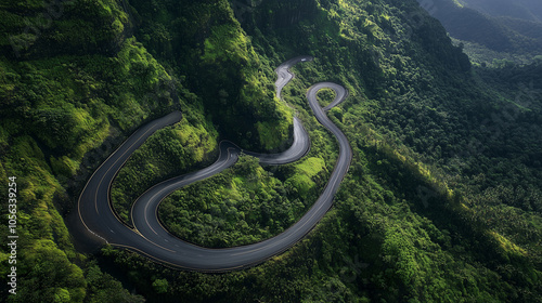 Aerial top view, mountaint road in dark green forest, photo