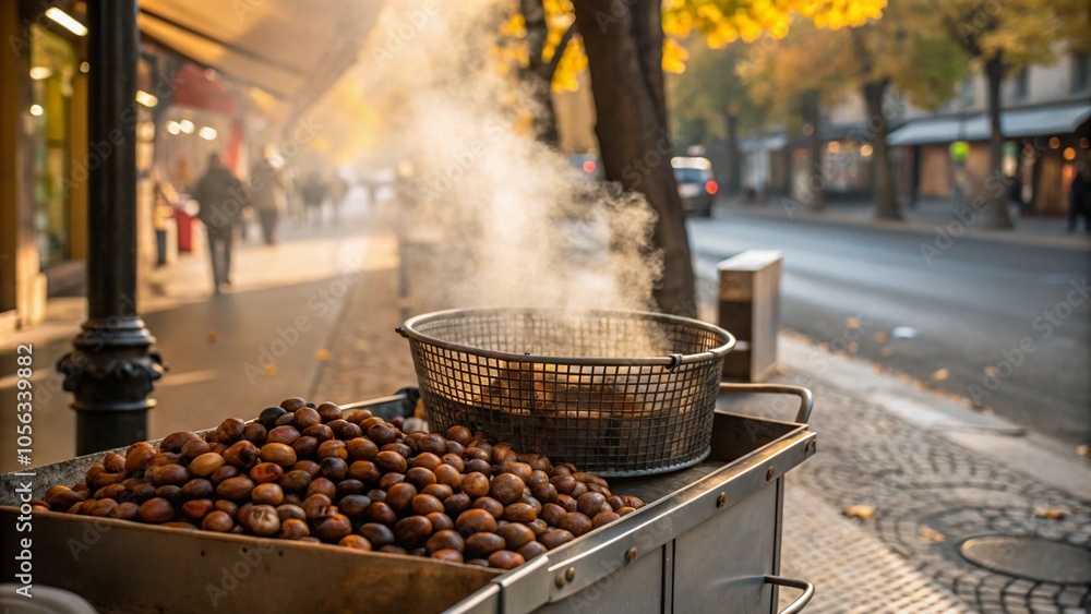 A street scene with steaming roasted chestnuts on a vendor's cart on a frosty autumn day. It is ideal for street food themes, the autumn season and the traditional atmosphere of the European market. A street scene with steaming roasted chestnuts on a vendor's cart on a frosty autumn day. It is ideal for street food themes, the autumn season and the traditional atmosphere of the European market.