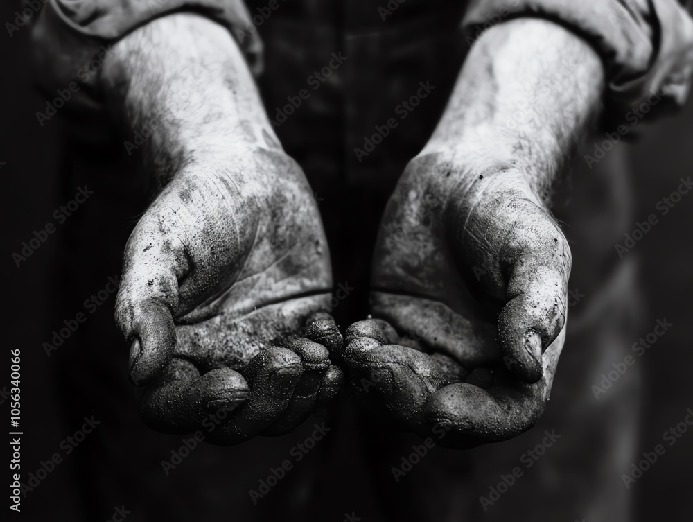 A close-up of dirty hands showcasing hard work, emphasizing the beauty of labor and craftsmanship in a monochrome setting. A close-up of dirty hands showcasing hard work, emphasizing the beauty of labor and craftsmanship in a monochrome setting.