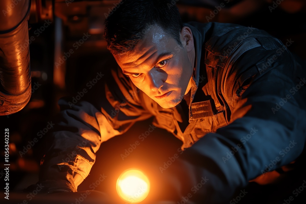 A focused engineer examines machinery using a flashlight, showcasing determination and skill in a dimly lit environment. A focused engineer examines machinery using a flashlight, showcasing determination and skill in a dimly lit environment.