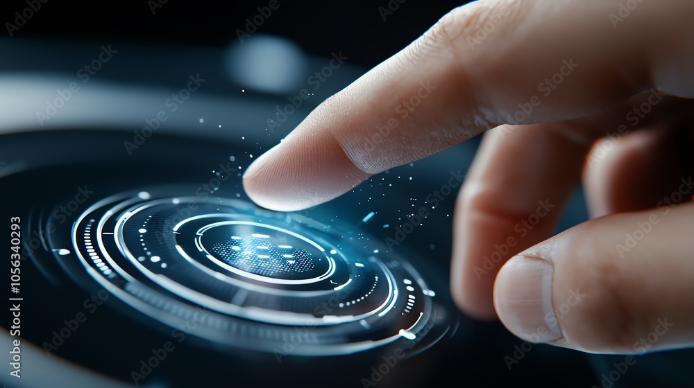Closeup of fingertip with a metallic push button surface, blending human and digital elements Closeup of fingertip with a metallic push button surface, blending human and digital elements