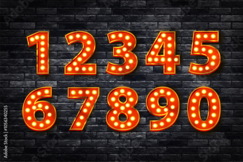 Vector set of marquee neon numbers isolated on wall background.