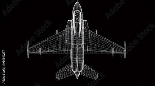 Wireframe model of a military aircraft against a black background, showcasing intricate design and engineering details.