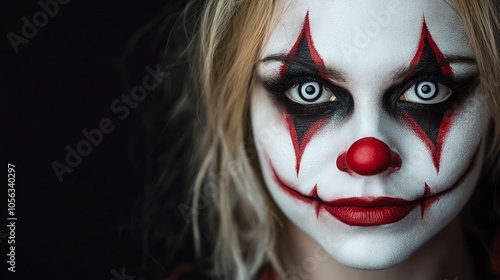 A close-up portrait of a clown with dramatic makeup and striking features, evoking a blend of fear and fascination.