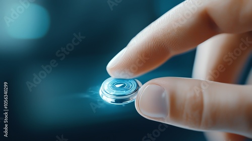 Closeup of fingertip with a metallic push button surface, blending human and digital elements