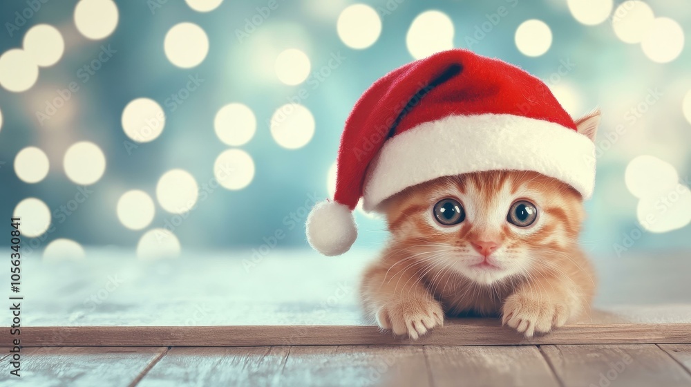 Adorable kitten dons a festive Santa hat, creating a heartwarming scene against a softly blurred backdrop. Adorable kitten dons a festive Santa hat, creating a heartwarming scene against a softly blurred backdrop.