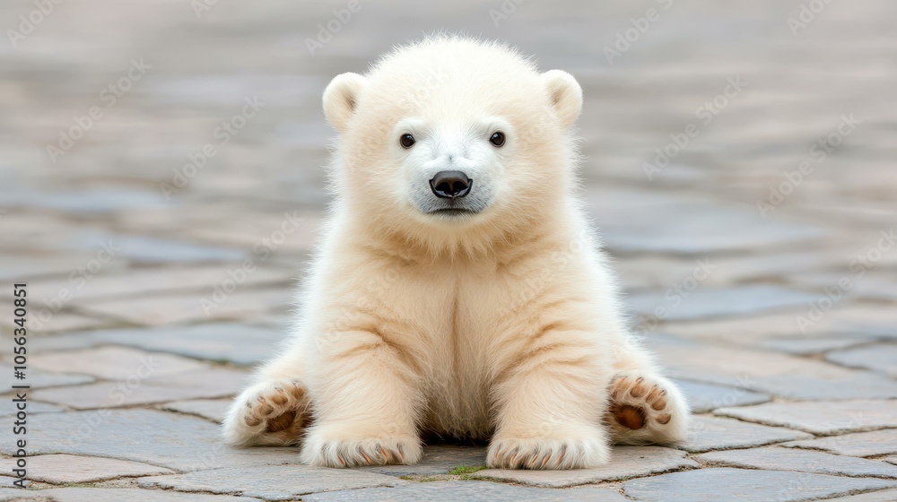 Adorable baby polar bear sits cutely, surrounded by a soft defocused backdrop, enhancing its charming features and innocence. Adorable baby polar bear sits cutely, surrounded by a soft defocused backdrop, enhancing its charming features and innocence.