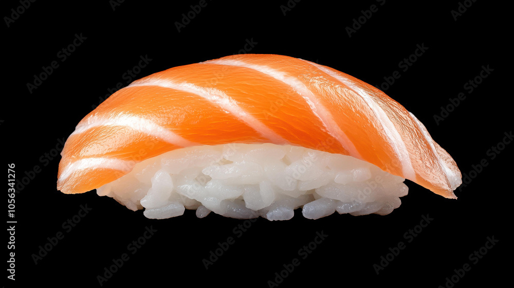 Vivid salmon nigiri closeup showcasing exquisite texture on fish and rice against a sleek black backdrop. Stunning detail Vivid salmon nigiri closeup showcasing exquisite texture on fish and rice against a sleek black backdrop. Stunning detail