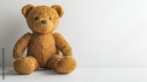 A small brown teddy bear with a soft, plush body sitting gently against a blank white backdrop, evoking warmth and sweet childhood memories