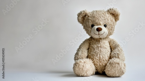 A small brown teddy bear sitting quietly on a clean white background, its soft fur and button eyes capturing the essence of childhood comfort