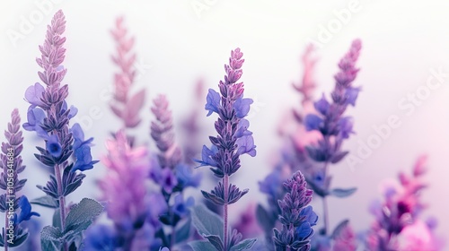 Close-up of delicate purple and pink flowers against a soft white background.