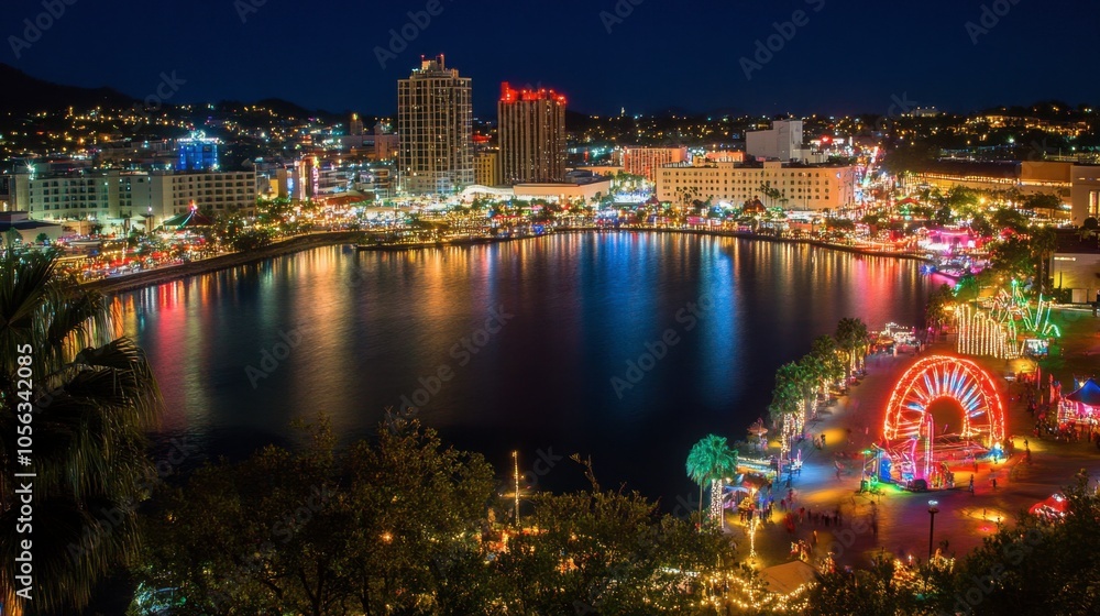 Fototapeta premium Vibrant Night Lights Over City Skyline and Water