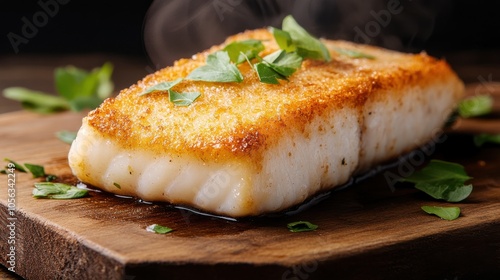 Crunchy Fried Fish Fillet on Wooden Board photo