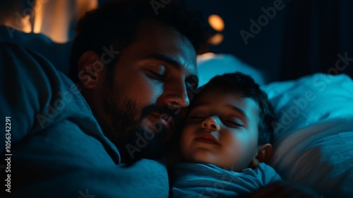 Father and son sleeping peacefully in bed together.