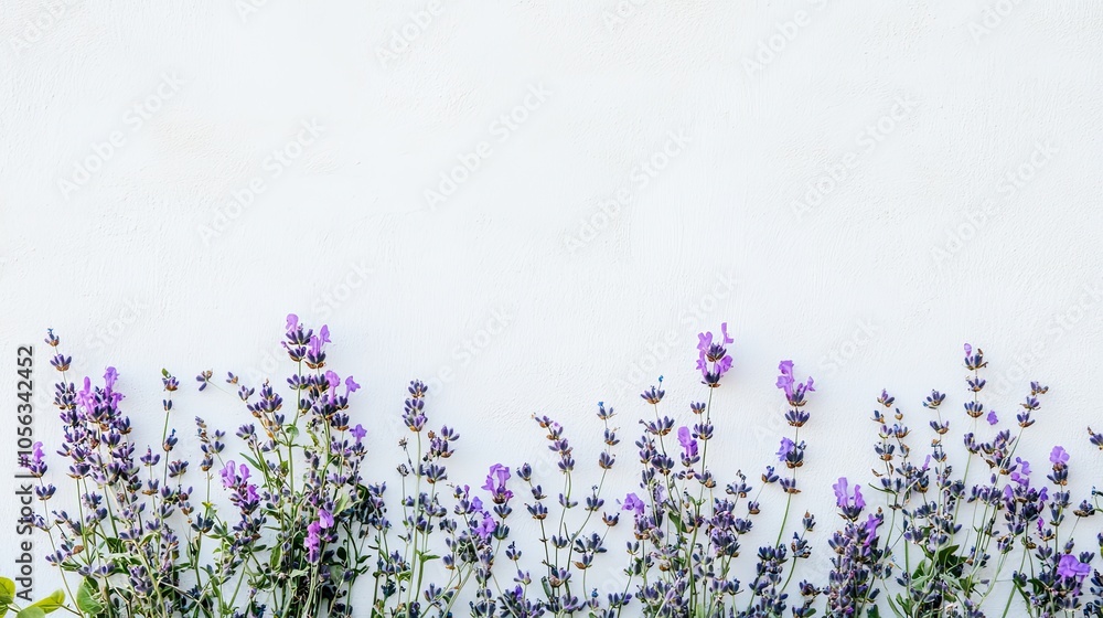 Obraz premium Purple lavender flowers on a white background, with copy space.