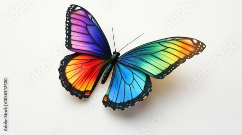 A striking rainbow butterfly with radiant, multicolored wings, gliding effortlessly on a pure white background