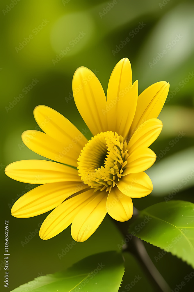 High resolution close up image of a yellow flower in a green forest. Focus on the details of the red flower including its texture flower finish and any safety features. Blur background should High resolution close up image of a yellow flower in a green forest. Focus on the details of the red flower including its texture flower finish and any safety features. Blur background should