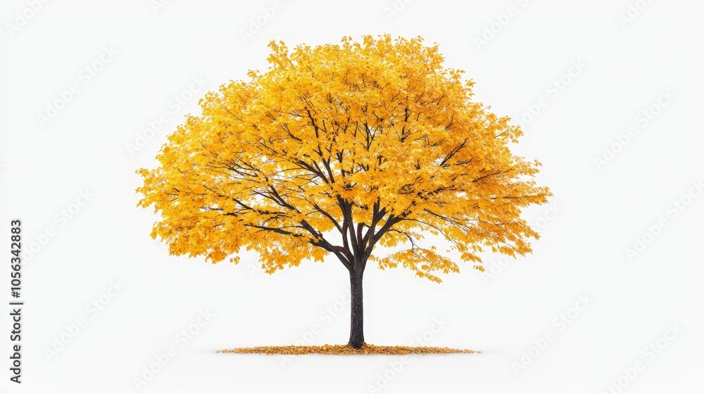 A tall maple tree with bright yellow leaves swaying in the wind, displayed on a clean white backdrop, symbolizing the beauty of fall A tall maple tree with bright yellow leaves swaying in the wind, displayed on a clean white backdrop, symbolizing the beauty of fall