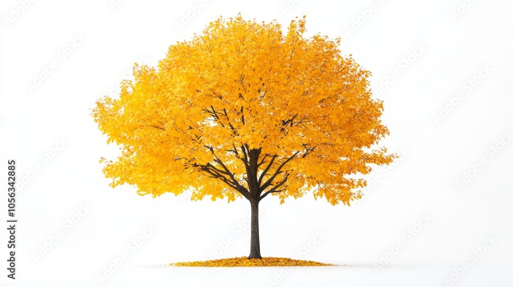 A tall maple tree with bright yellow leaves swaying in the wind, displayed on a clean white backdrop, symbolizing the beauty of fall A tall maple tree with bright yellow leaves swaying in the wind, displayed on a clean white backdrop, symbolizing the beauty of fall
