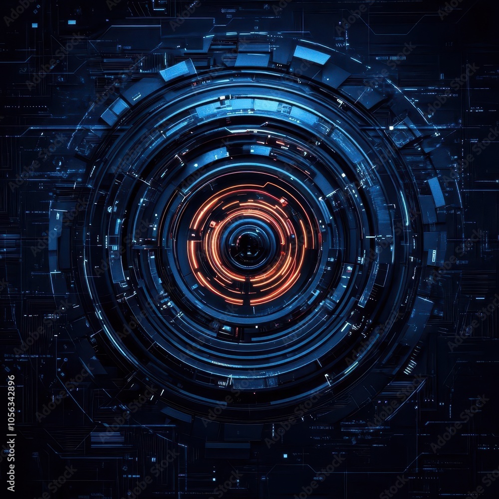 A futuristic circular design featuring intricate layers of blue and orange elements, resembling technology or digital circuitry. A futuristic circular design featuring intricate layers of blue and orange elements, resembling technology or digital circuitry.