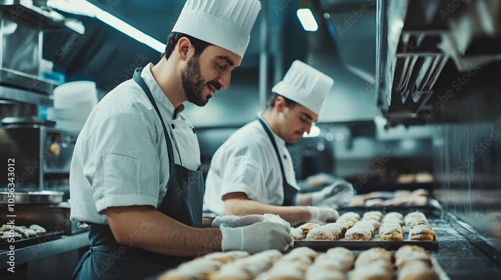 handsome bakers working together at baking manufacture. handsome bakers working together at baking manufacture.