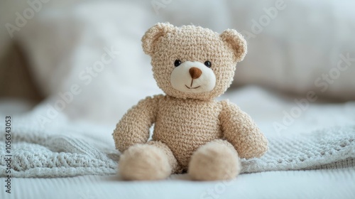 A tiny brown teddy bear with button eyes and stitched paws, resting quietly on a clean, light background, radiating innocence and warmth