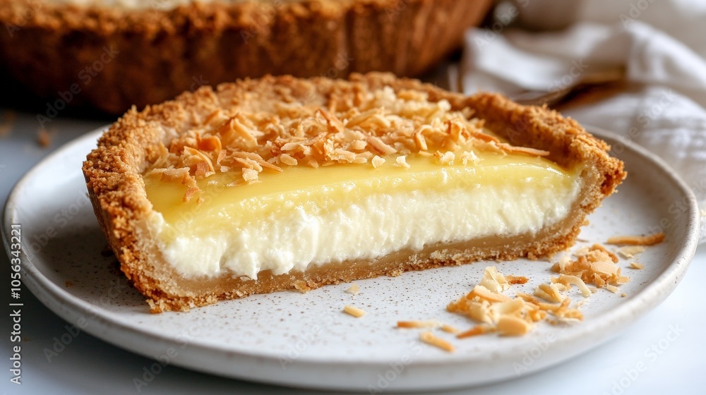 A tropical coconut tart presented on a white plate, showcasing its golden crust and creamy filling, set against a bright backdrop A tropical coconut tart presented on a white plate, showcasing its golden crust and creamy filling, set against a bright backdrop