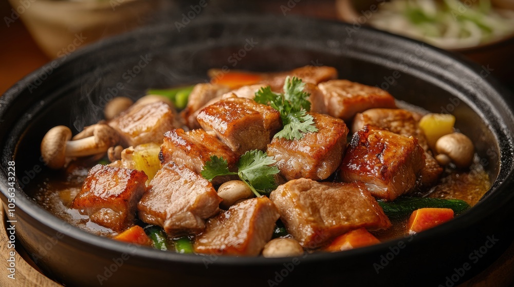 Sizzling Pork Belly close up on Hot Plate Sizzling Pork Belly close up on Hot Plate