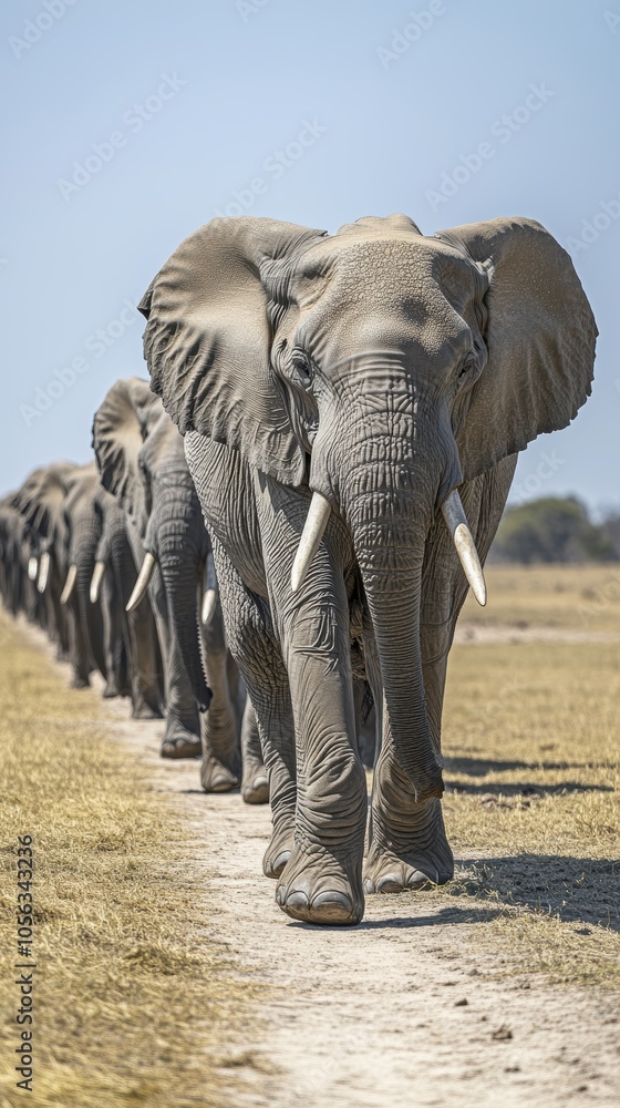 Fototapeta premium Herd of african elephants walking in single file on a dirt road