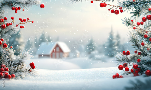 Fluffy snowflakes gently fall as vibrant red berries contrast against pine branches, framing a tranquil winter cabin