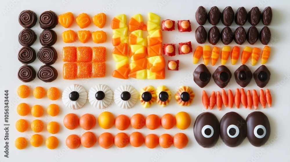 A variety of Halloween treats, from candy corn to chocolate eyeballs, arranged neatly on a white background for a festive display A variety of Halloween treats, from candy corn to chocolate eyeballs, arranged neatly on a white background for a festive display