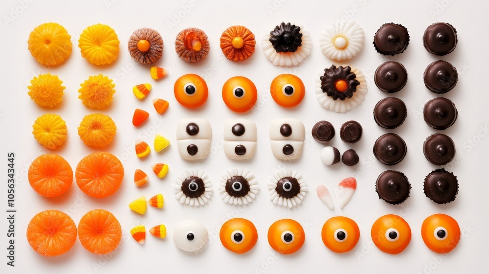 A variety of Halloween treats, from candy corn to chocolate eyeballs, arranged neatly on a white background for a festive display A variety of Halloween treats, from candy corn to chocolate eyeballs, arranged neatly on a white background for a festive display