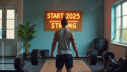 A person lifting weights in a modern gym, facing a neon sign that reads 'Start 2025 Strong'. The scene emphasizes commitment to fitness, strength, and personal growth at the beginning of the new year photo