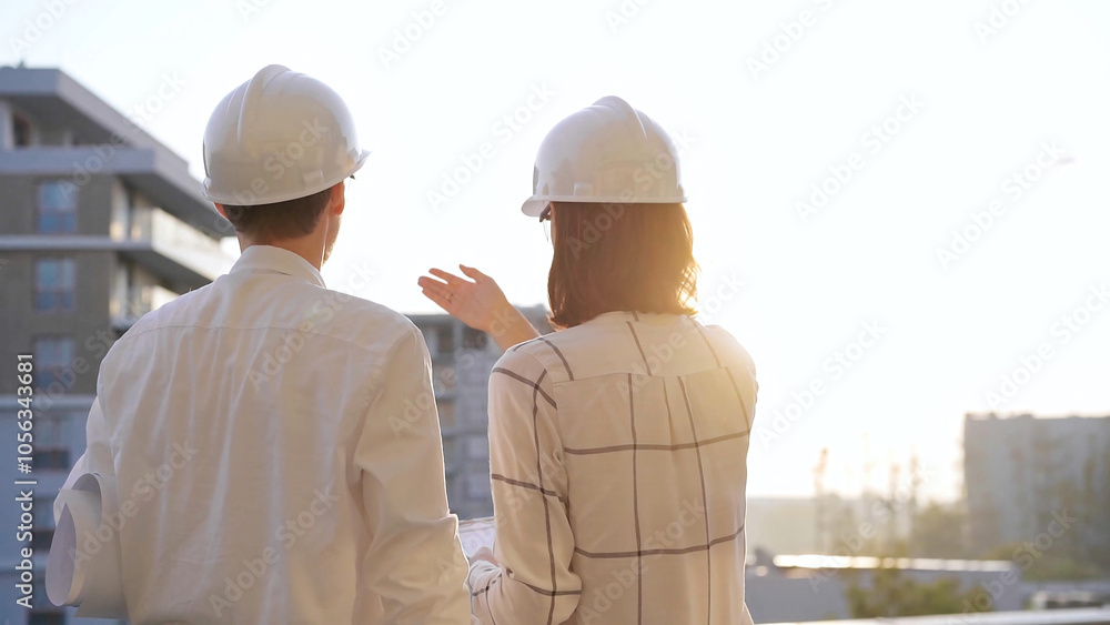 Two architects colleagues, wearing safety helmets and glasses, are examining blueprints at a construction site during sunrise or sunset, back view. Architecture and engineering Two architects colleagues, wearing safety helmets and glasses, are examining blueprints at a construction site during sunrise or sunset, back view. Architecture and engineering