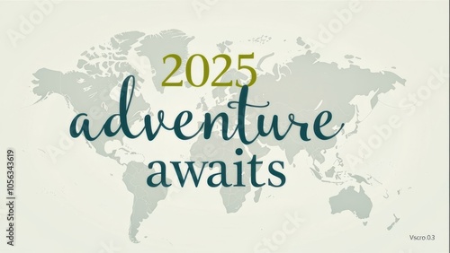 A world map featuring the words "2025 Adventure Awaits," inspiring global exploration, new travel destinations, and adventure plans for the upcoming year,